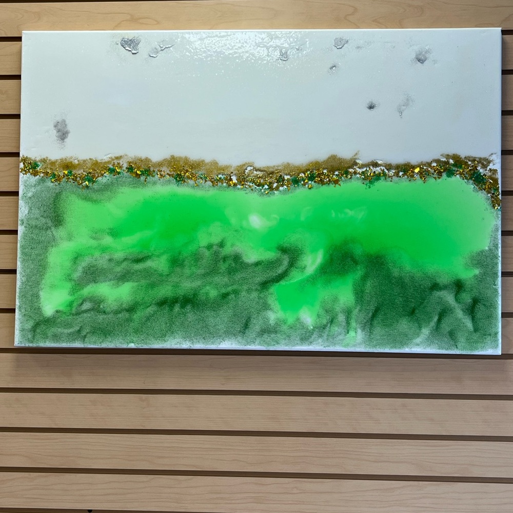 Green Abstract Resin Wall Art with Gold Accents